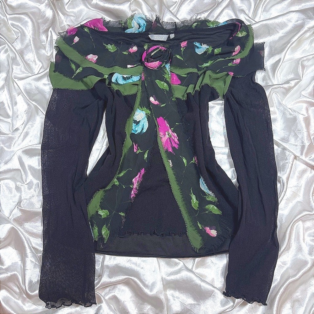 y2k Per Una Mesh Top Black Excellent Floral Ruffle Rosette Sheer Sleeve 16